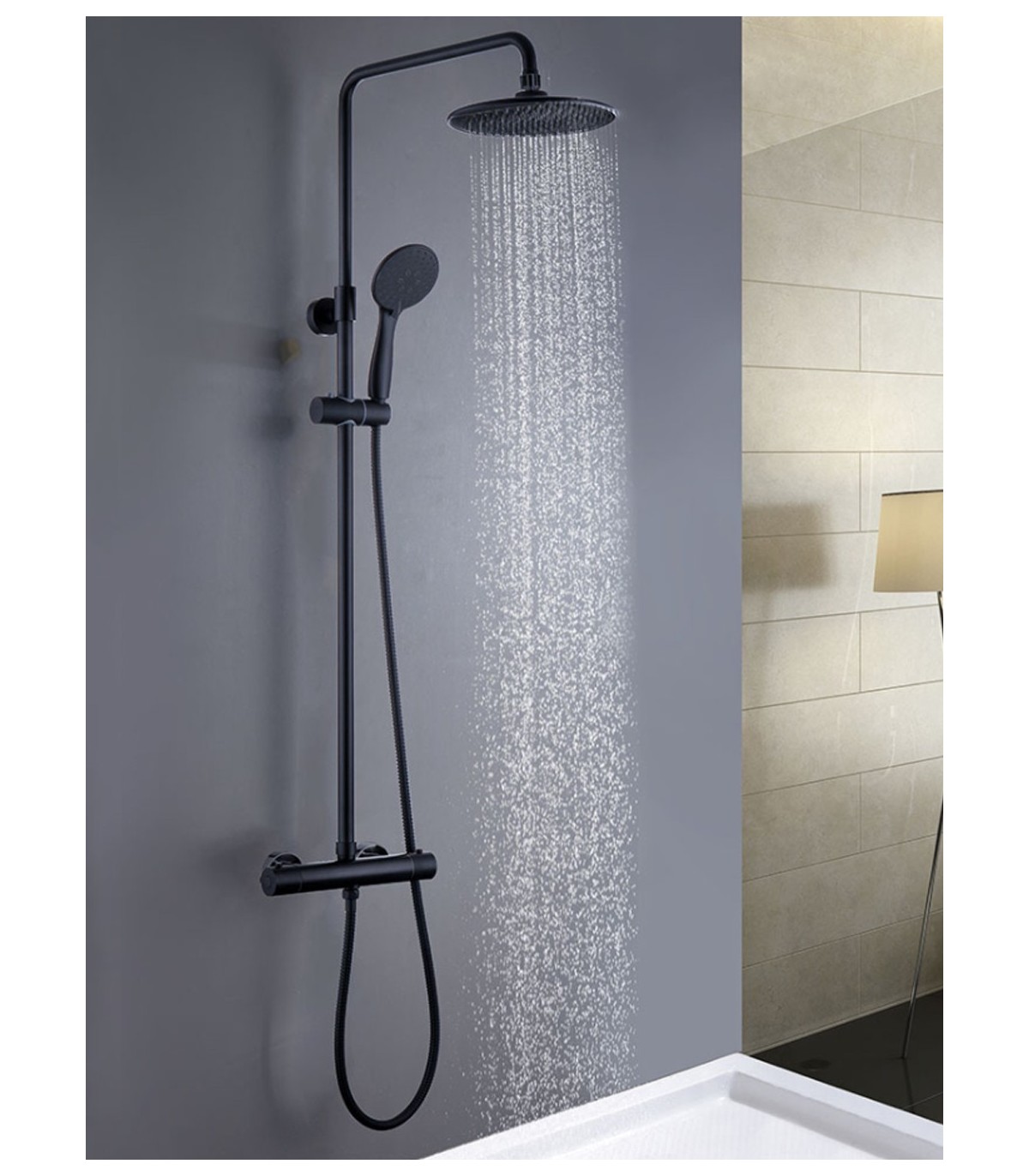 Columna de ducha con tubo redondo extensible de 80 a 120 cm. y grifería  termostática con desviador integrado. Incluye ducha de mano y rociador